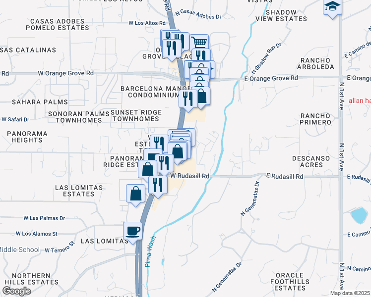 map of restaurants, bars, coffee shops, grocery stores, and more near 6080 North Oracle Road in Tucson