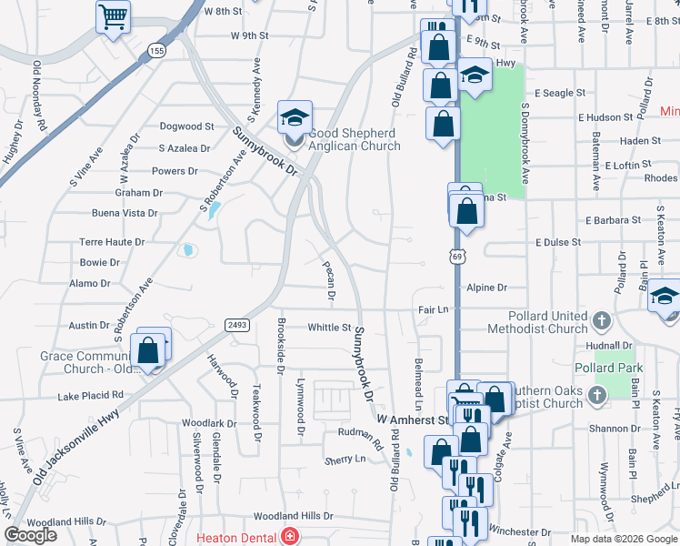 map of restaurants, bars, coffee shops, grocery stores, and more near 2900 Sunnybrook Drive in Tyler