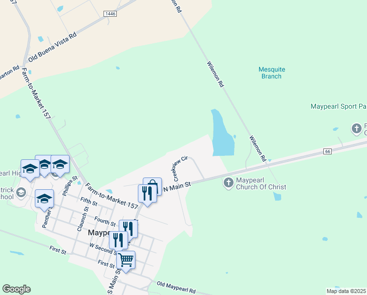 map of restaurants, bars, coffee shops, grocery stores, and more near 128 Creekview Circle in Maypearl