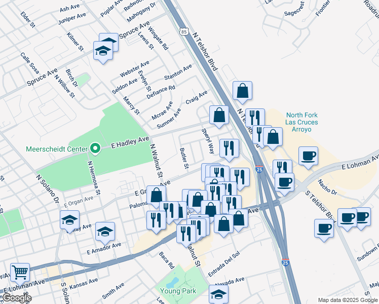 map of restaurants, bars, coffee shops, grocery stores, and more near 417-431 Augustus Road in Las Cruces