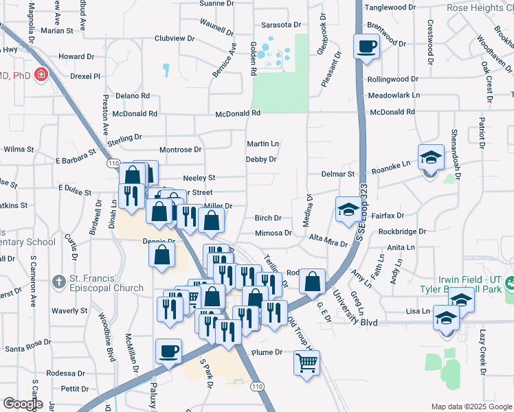 map of restaurants, bars, coffee shops, grocery stores, and more near 2909 Birch Circle in Tyler