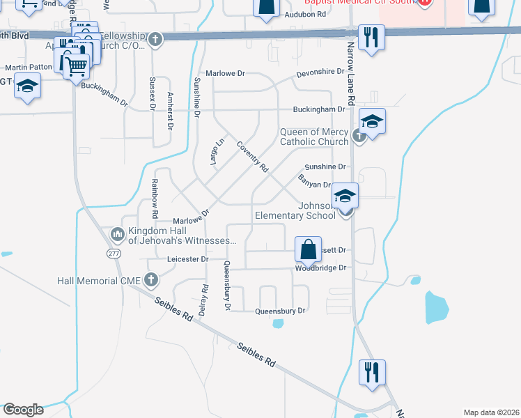 map of restaurants, bars, coffee shops, grocery stores, and more near 4606 Sunshine Drive in Montgomery
