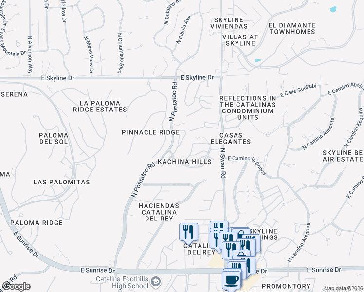 map of restaurants, bars, coffee shops, grocery stores, and more near 6225 North Pascola Circle in Tucson
