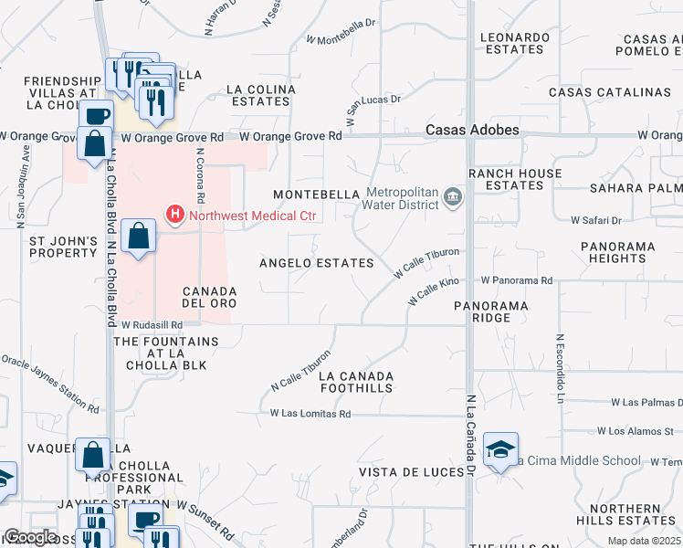 map of restaurants, bars, coffee shops, grocery stores, and more near 6101 North Placita Tiburon in Tucson