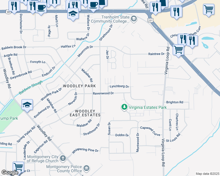 map of restaurants, bars, coffee shops, grocery stores, and more near 3120 Lynchburg Drive in Montgomery