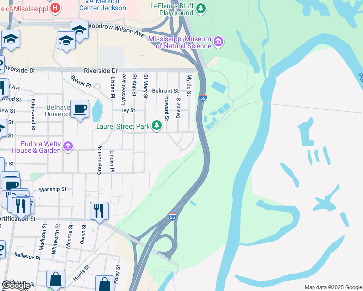 map of restaurants, bars, coffee shops, grocery stores, and more near 140 Pinehaven Drive in Jackson