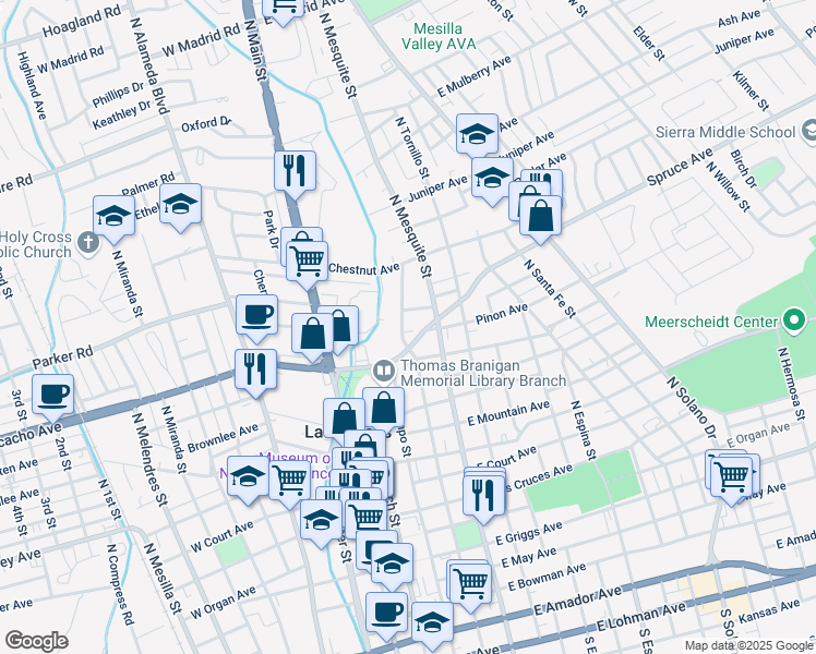 map of restaurants, bars, coffee shops, grocery stores, and more near 1006 North Campo Street in Las Cruces