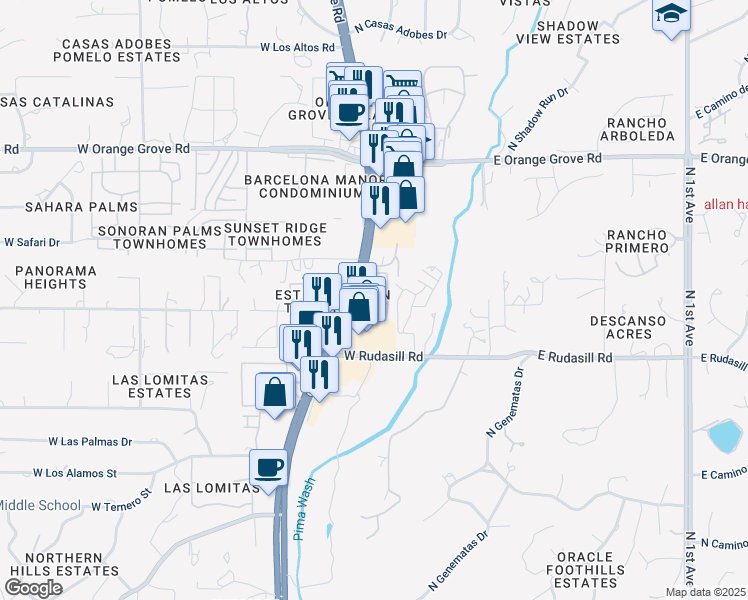 map of restaurants, bars, coffee shops, grocery stores, and more near 6080 North Oracle Road in Tucson