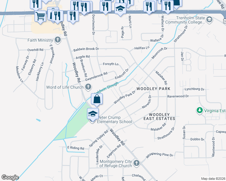 map of restaurants, bars, coffee shops, grocery stores, and more near 3408 Malabar Road in Montgomery