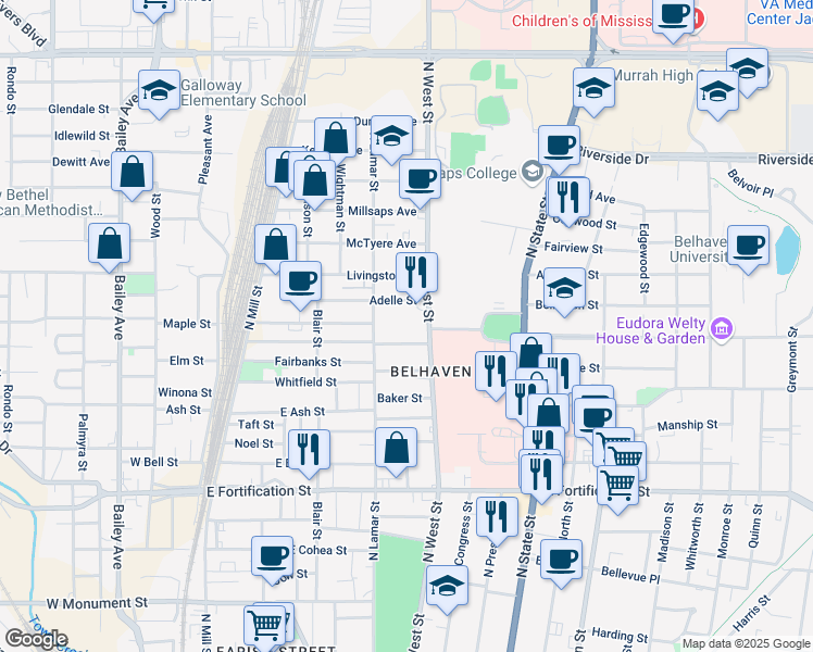 map of restaurants, bars, coffee shops, grocery stores, and more near 332 Josanna Street in Jackson