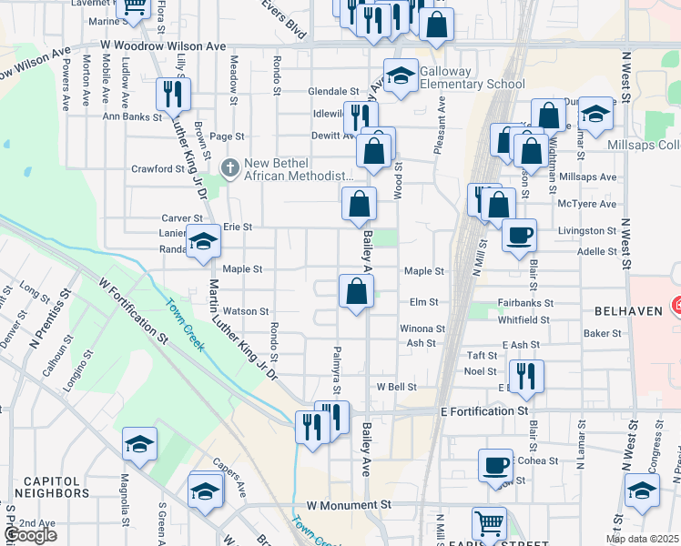 map of restaurants, bars, coffee shops, grocery stores, and more near 323 Maple St in Jackson