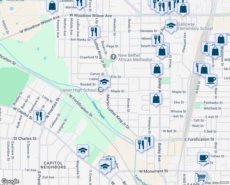 map of restaurants, bars, coffee shops, grocery stores, and more near 721 Maple Street in Jackson