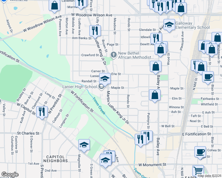 map of restaurants, bars, coffee shops, grocery stores, and more near 721 Maple Street in Jackson