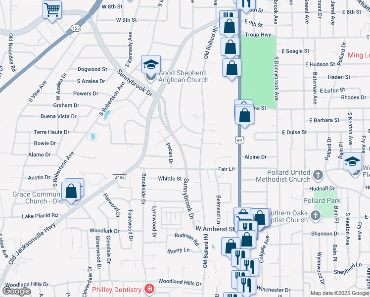 map of restaurants, bars, coffee shops, grocery stores, and more near 2900 Sunnybrook Drive in Tyler