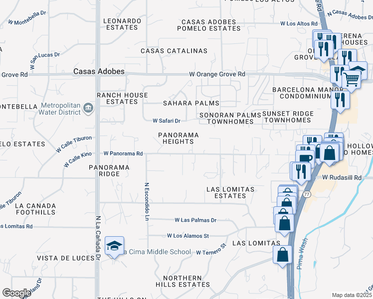 map of restaurants, bars, coffee shops, grocery stores, and more near 6101 North Panorama Place in Tucson