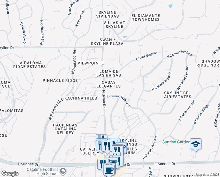 map of restaurants, bars, coffee shops, grocery stores, and more near 4732 Calle Elegante in Tucson