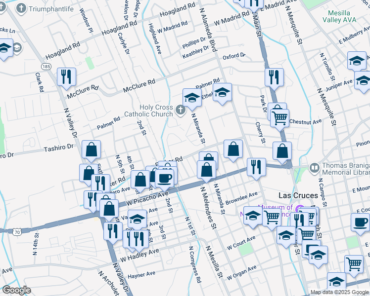 map of restaurants, bars, coffee shops, grocery stores, and more near 701 Parker Road in Las Cruces