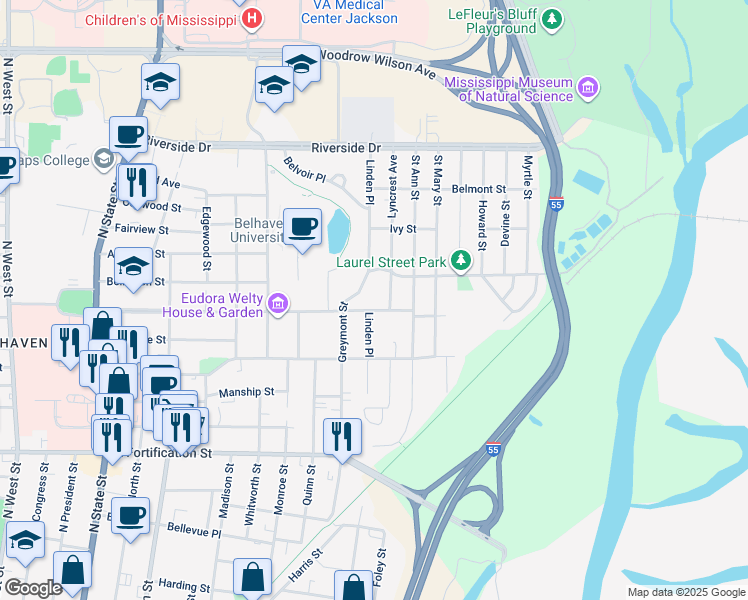 map of restaurants, bars, coffee shops, grocery stores, and more near 1510 Pinehurst Street in Jackson