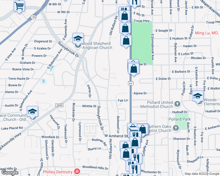 map of restaurants, bars, coffee shops, grocery stores, and more near 310 Glenhaven Drive in Tyler