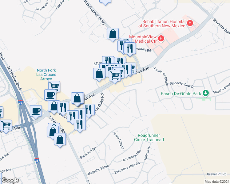 map of restaurants, bars, coffee shops, grocery stores, and more near 701 Indian Hollow Road in Las Cruces