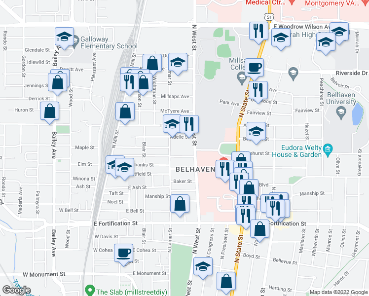 map of restaurants, bars, coffee shops, grocery stores, and more near 332 Josanna Street in Jackson