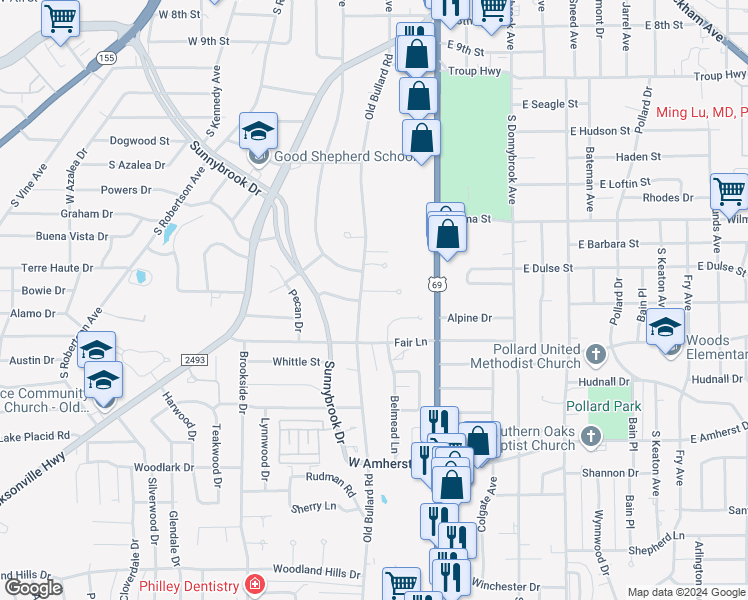 map of restaurants, bars, coffee shops, grocery stores, and more near 230 Glenhaven Drive in Tyler