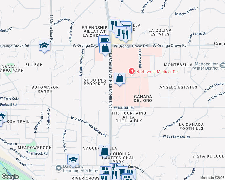 map of restaurants, bars, coffee shops, grocery stores, and more near 6130 North La Cholla Boulevard in Tucson