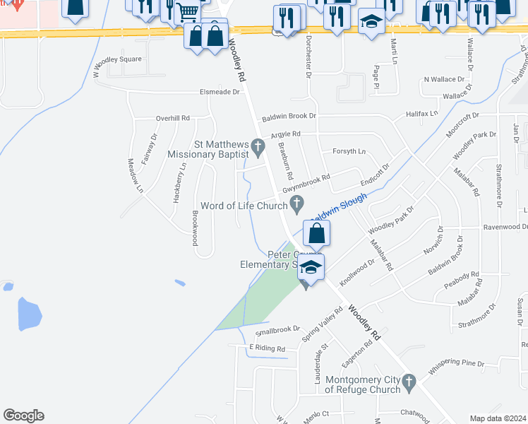map of restaurants, bars, coffee shops, grocery stores, and more near 3312 Woodley Road in Montgomery