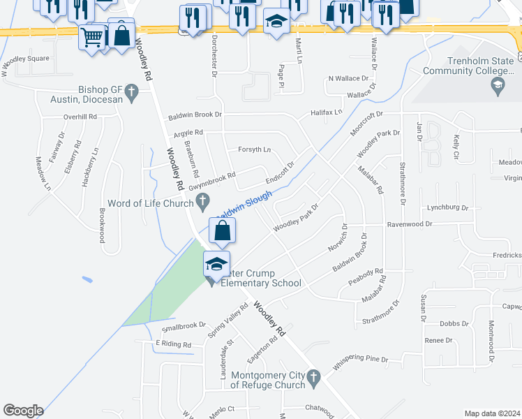 map of restaurants, bars, coffee shops, grocery stores, and more near 3411 Malabar Road in Montgomery