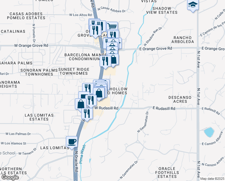 map of restaurants, bars, coffee shops, grocery stores, and more near 6100 North Serendipity Lane in Tucson