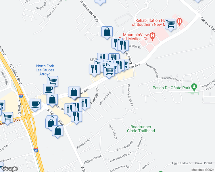 map of restaurants, bars, coffee shops, grocery stores, and more near 704 Indian Hollow Road in Las Cruces