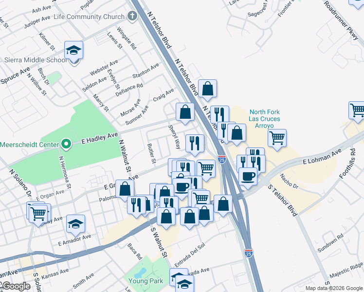 map of restaurants, bars, coffee shops, grocery stores, and more near 413 Morgan Place in Las Cruces