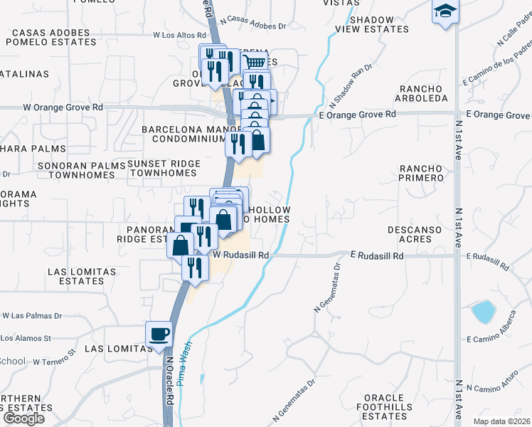 map of restaurants, bars, coffee shops, grocery stores, and more near 6100 North Serendipity Lane in Tucson