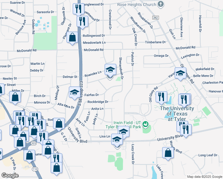 map of restaurants, bars, coffee shops, grocery stores, and more near 2923 Fairfax Drive in Tyler