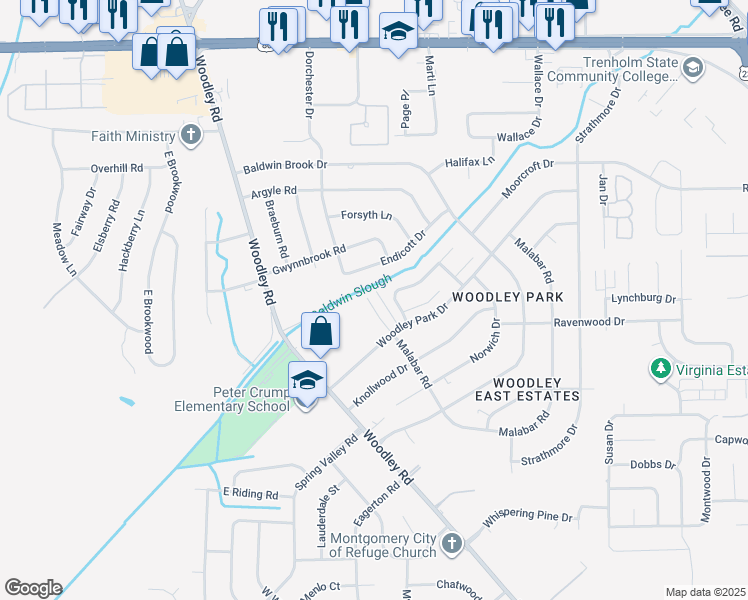 map of restaurants, bars, coffee shops, grocery stores, and more near 3409 Malabar Road in Montgomery