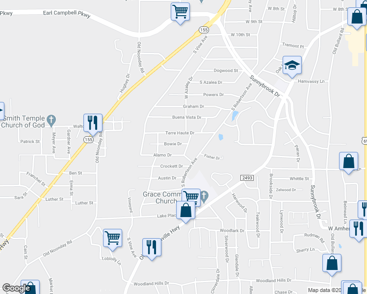 map of restaurants, bars, coffee shops, grocery stores, and more near 2915 West Azalea Drive in Tyler