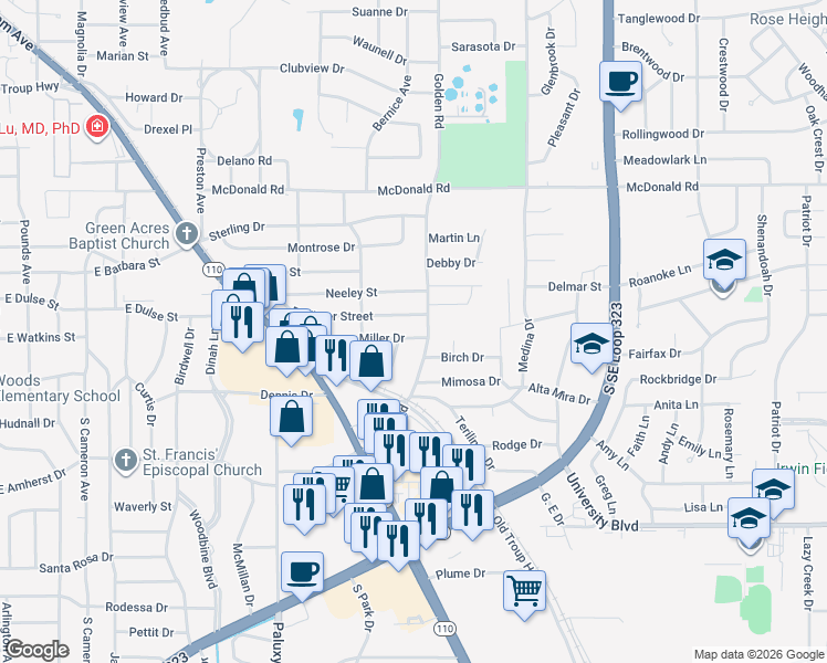 map of restaurants, bars, coffee shops, grocery stores, and more near 2116 Miller Drive in Tyler