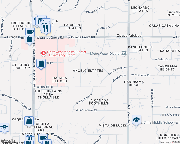 map of restaurants, bars, coffee shops, grocery stores, and more near 6101 North Placita Tiburon in Tucson