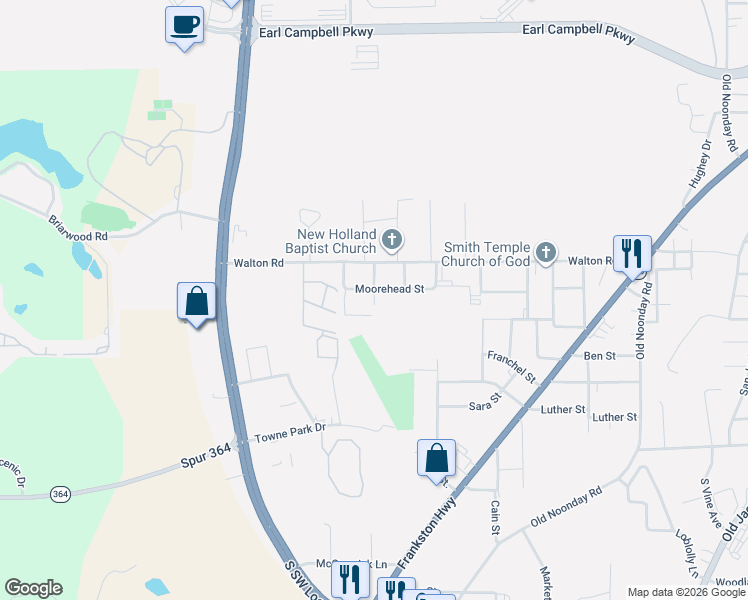 map of restaurants, bars, coffee shops, grocery stores, and more near 3023 Roosevelt Drive in Tyler