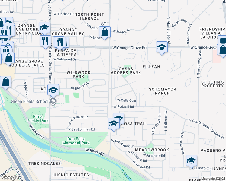 map of restaurants, bars, coffee shops, grocery stores, and more near 2878 West Calle Del Huerto in Tucson