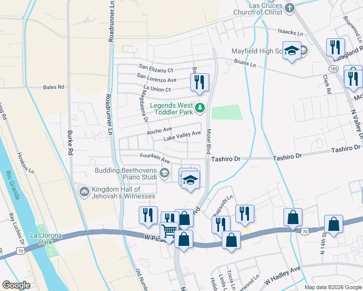 map of restaurants, bars, coffee shops, grocery stores, and more near 2854 Carretas Court in Las Cruces