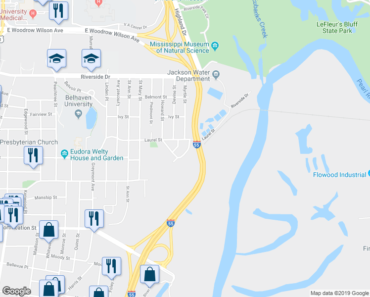 map of restaurants, bars, coffee shops, grocery stores, and more near 140 Pinehaven Drive in Jackson