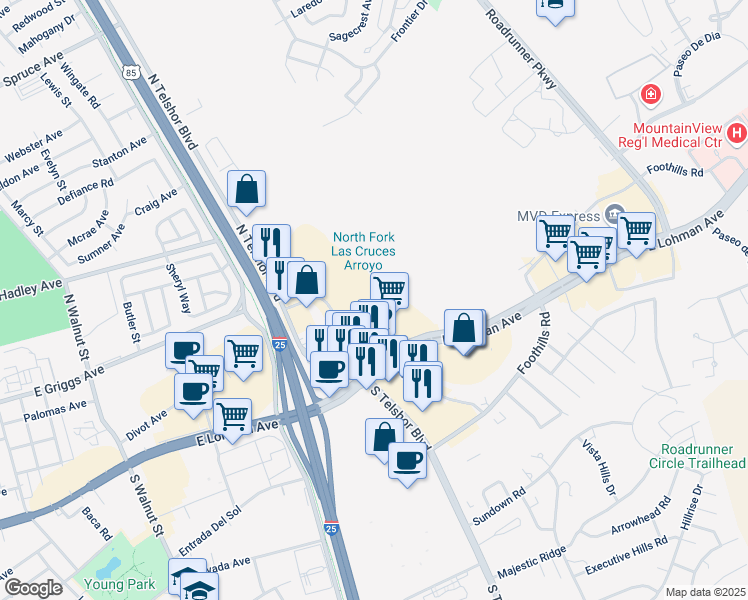 map of restaurants, bars, coffee shops, grocery stores, and more near 2541 East Lohman Avenue in Las Cruces