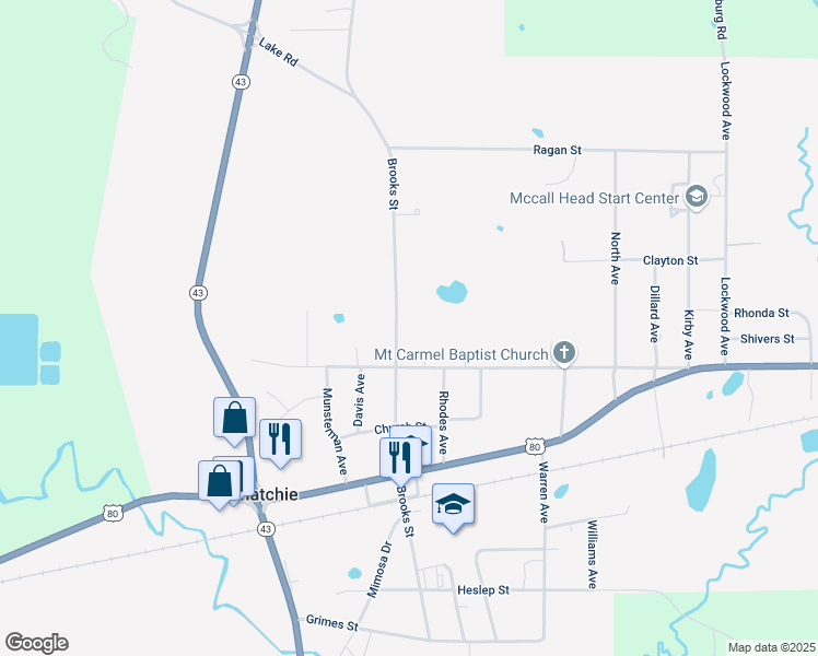 map of restaurants, bars, coffee shops, grocery stores, and more near 308 Brooks Street in Pelahatchie