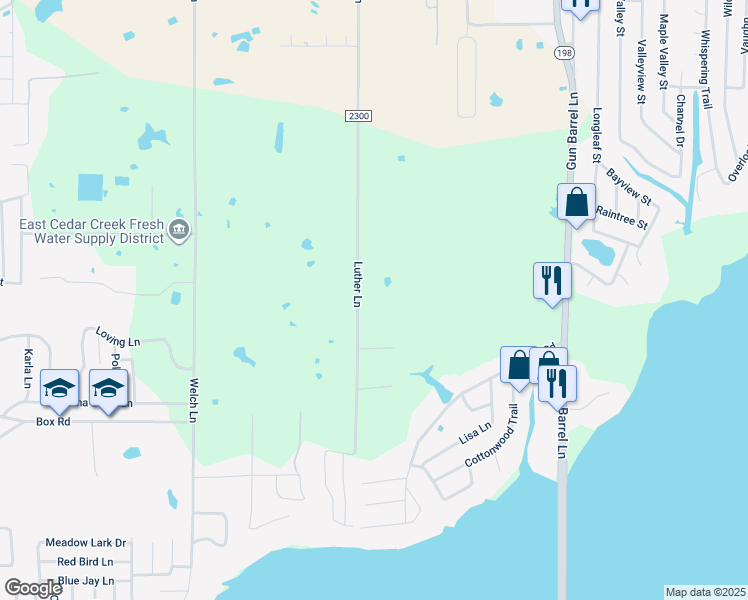map of restaurants, bars, coffee shops, grocery stores, and more near 125 Luther Lane in Gun Barrel City