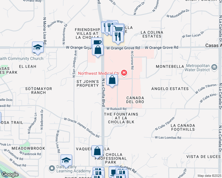 map of restaurants, bars, coffee shops, grocery stores, and more near 6130 North La Cholla Boulevard in Tucson