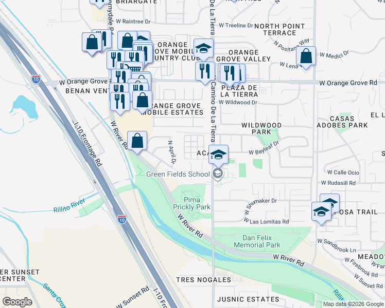 map of restaurants, bars, coffee shops, grocery stores, and more near 6086 North Applesauce Court in Tucson