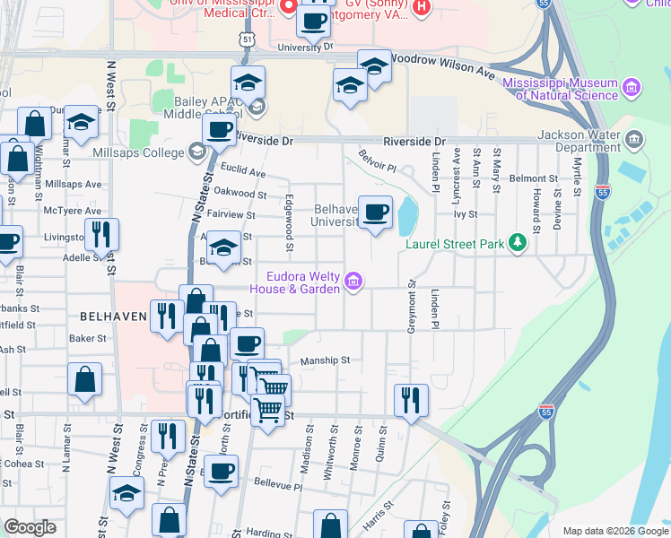 map of restaurants, bars, coffee shops, grocery stores, and more near 1032 Pinehurst Place in Jackson