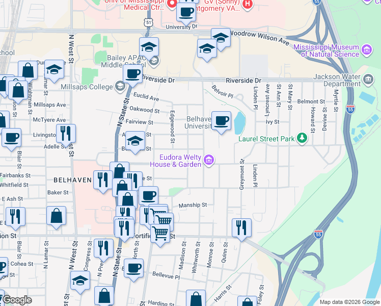 map of restaurants, bars, coffee shops, grocery stores, and more near 934 Pinehurst Street in Jackson