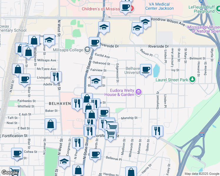 map of restaurants, bars, coffee shops, grocery stores, and more near 832 Pinehurst Street in Jackson